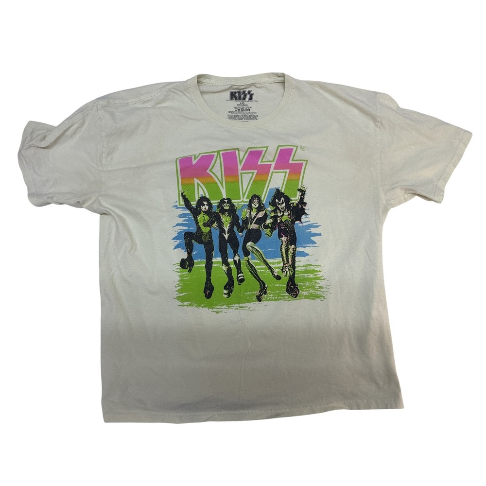 KISS Band Graphic T-Shirt Mens Large Cream Off-White Short Sleeve Rock Tee 2023